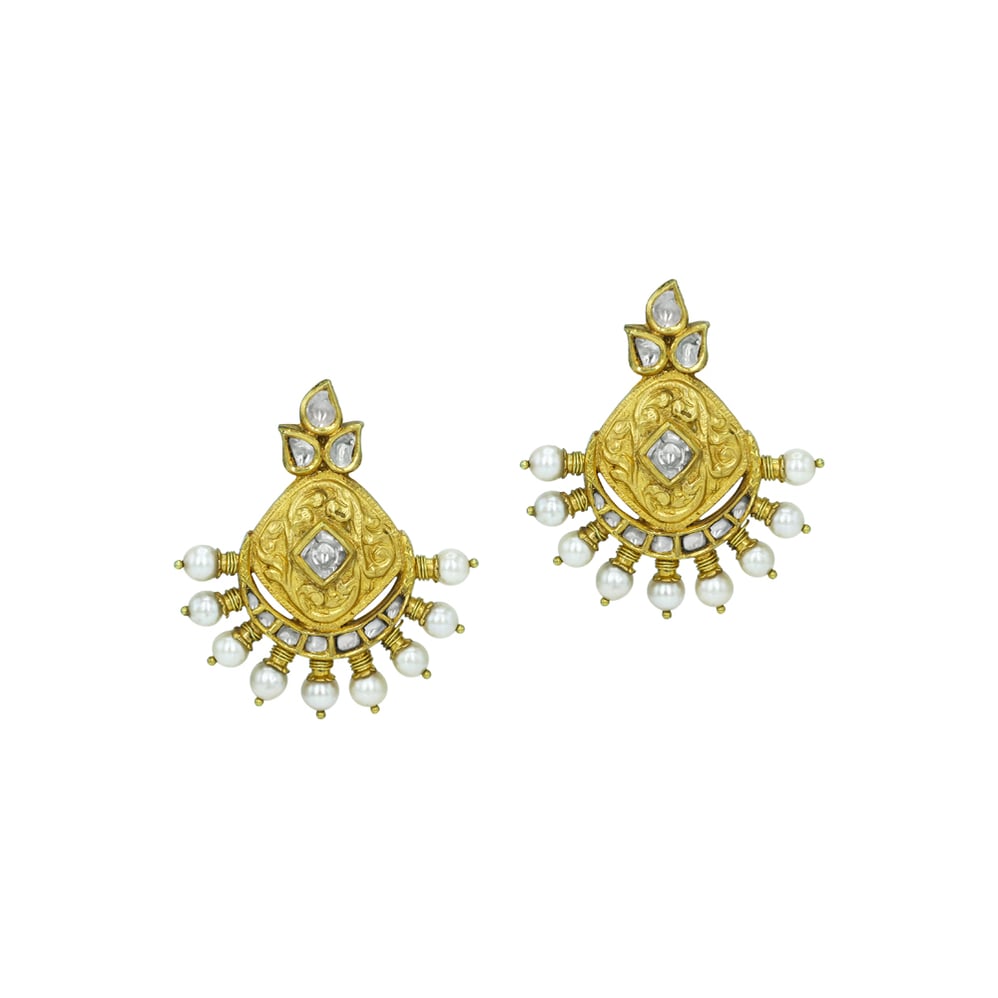 Ornate Gold Earrings with Polkis and Pearl Clusters